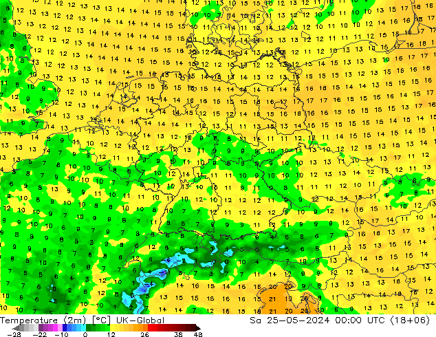 Temperatura (2m) UK-Global Sáb 25.05.2024 00 UTC