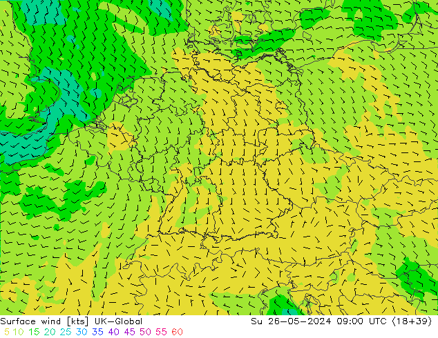 Vento 10 m UK-Global Dom 26.05.2024 09 UTC