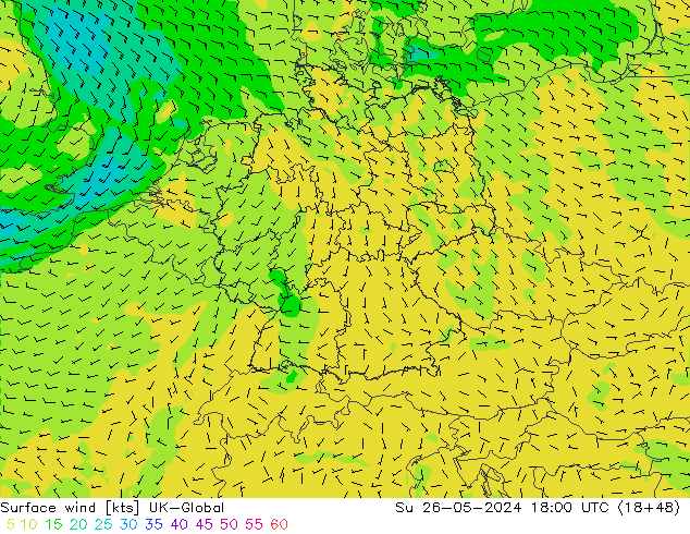 Surface wind UK-Global Su 26.05.2024 18 UTC