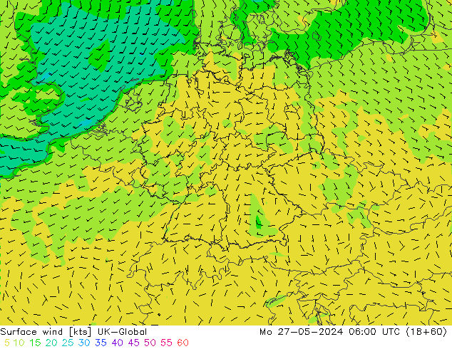 Surface wind UK-Global Mo 27.05.2024 06 UTC