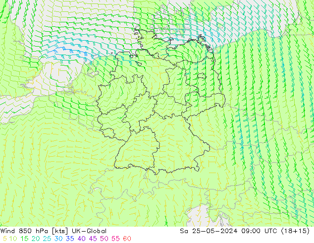 ветер 850 гПа UK-Global сб 25.05.2024 09 UTC