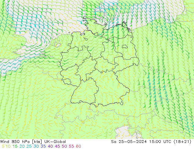 Vent 850 hPa UK-Global sam 25.05.2024 15 UTC