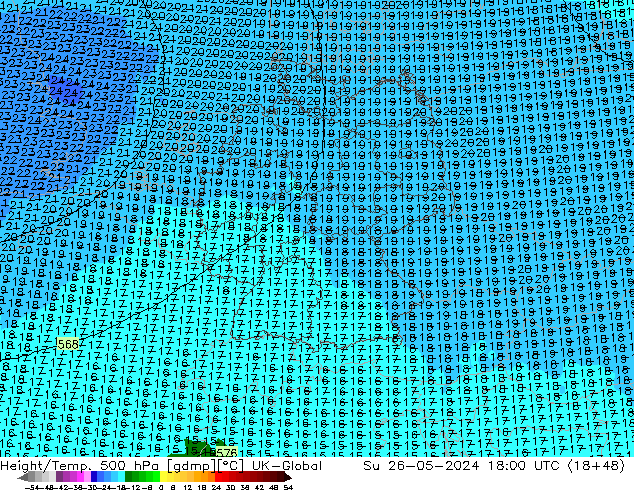 Height/Temp. 500 hPa UK-Global Su 26.05.2024 18 UTC