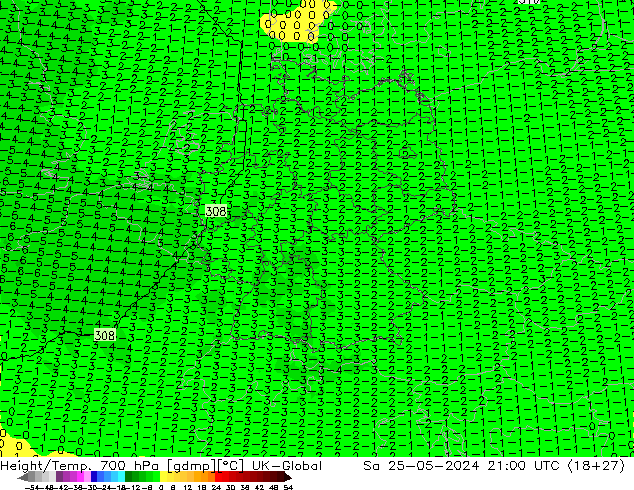 Height/Temp. 700 hPa UK-Global sab 25.05.2024 21 UTC