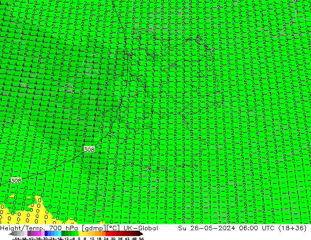 Height/Temp. 700 hPa UK-Global Dom 26.05.2024 06 UTC