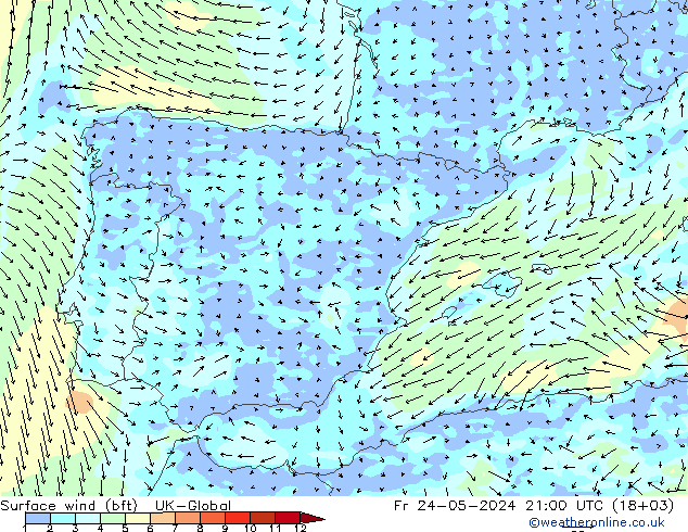 Surface wind (bft) UK-Global Pá 24.05.2024 21 UTC