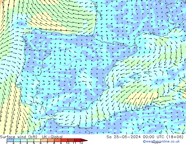 Surface wind (bft) UK-Global Sa 25.05.2024 00 UTC