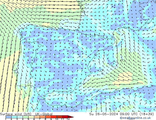 Vento 10 m (bft) UK-Global Dom 26.05.2024 09 UTC