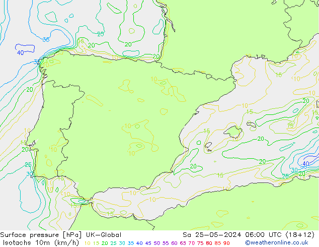 Isotachs (kph) UK-Global Sa 25.05.2024 06 UTC