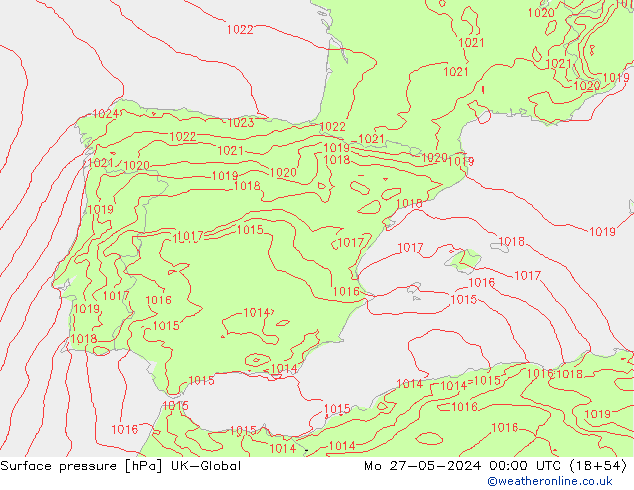 Surface pressure UK-Global Mo 27.05.2024 00 UTC