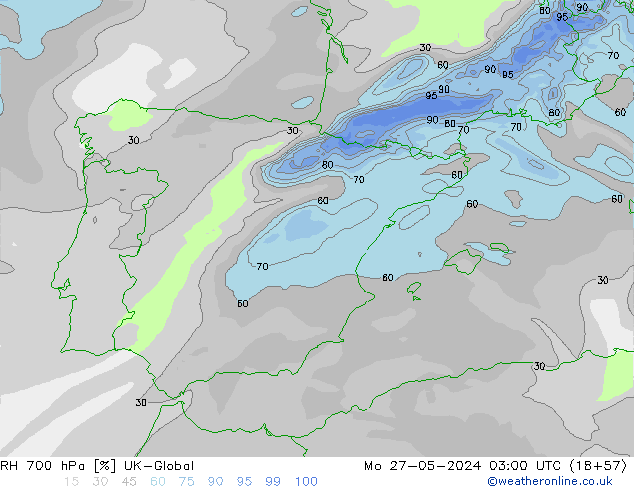 Humedad rel. 700hPa UK-Global lun 27.05.2024 03 UTC
