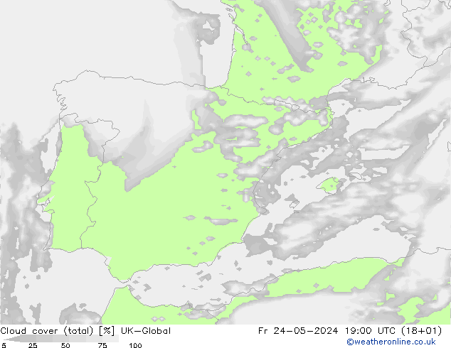 Cloud cover (total) UK-Global Fr 24.05.2024 19 UTC