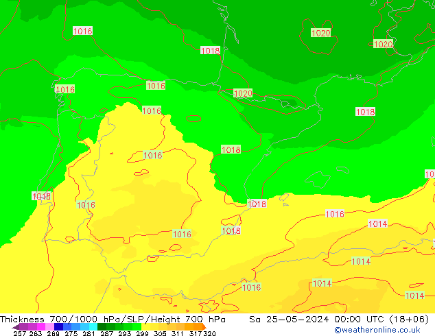 Thck 700-1000 hPa UK-Global Sa 25.05.2024 00 UTC