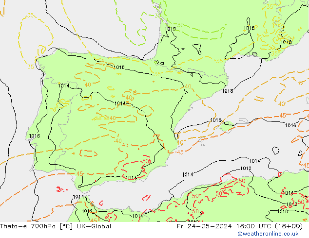 Theta-e 700hPa UK-Global Fr 24.05.2024 18 UTC