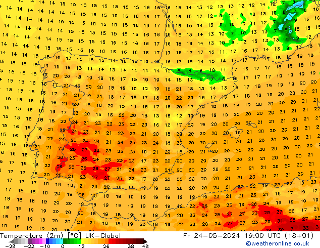 mapa temperatury (2m) UK-Global pt. 24.05.2024 19 UTC