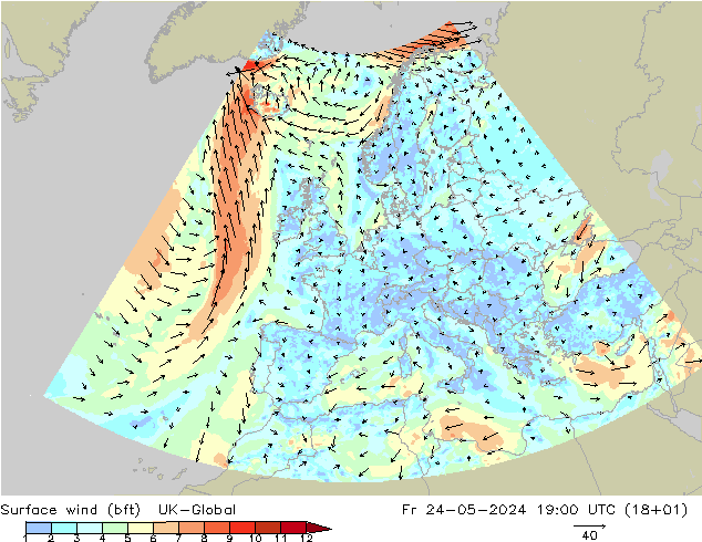 Surface wind (bft) UK-Global Pá 24.05.2024 19 UTC