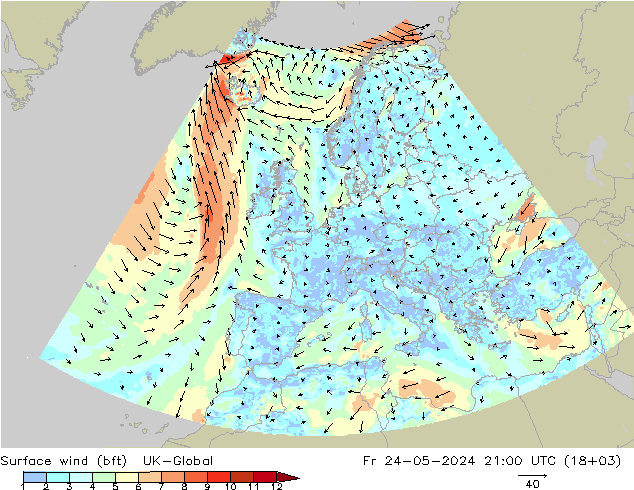 Surface wind (bft) UK-Global Fr 24.05.2024 21 UTC