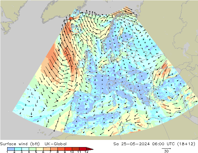Surface wind (bft) UK-Global Sa 25.05.2024 06 UTC