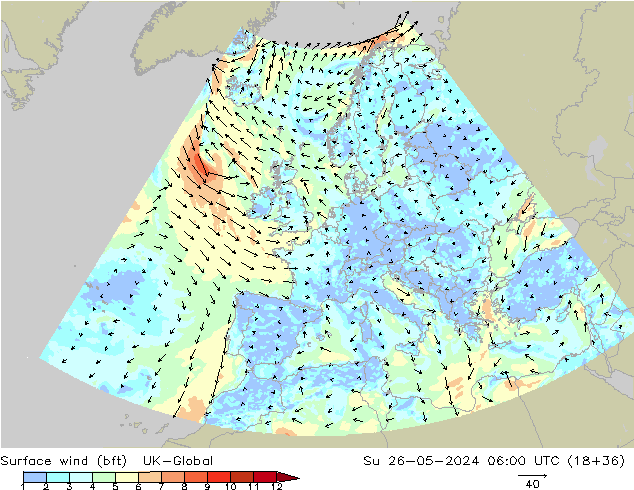 Wind 10 m (bft) UK-Global zo 26.05.2024 06 UTC