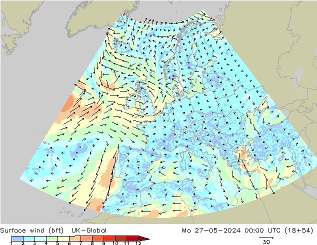 Surface wind (bft) UK-Global Mo 27.05.2024 00 UTC