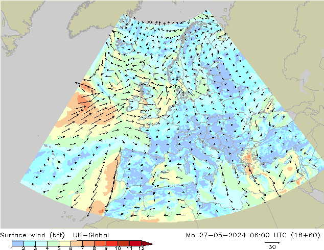 Surface wind (bft) UK-Global Mo 27.05.2024 06 UTC