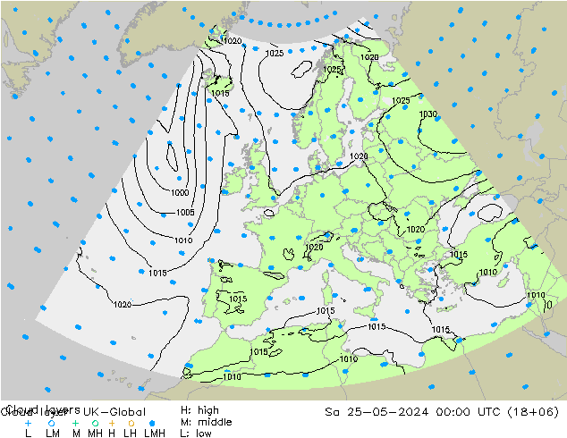 Cloud layer UK-Global Sáb 25.05.2024 00 UTC