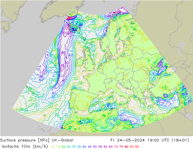 Isotachen (km/h) UK-Global Fr 24.05.2024 19 UTC