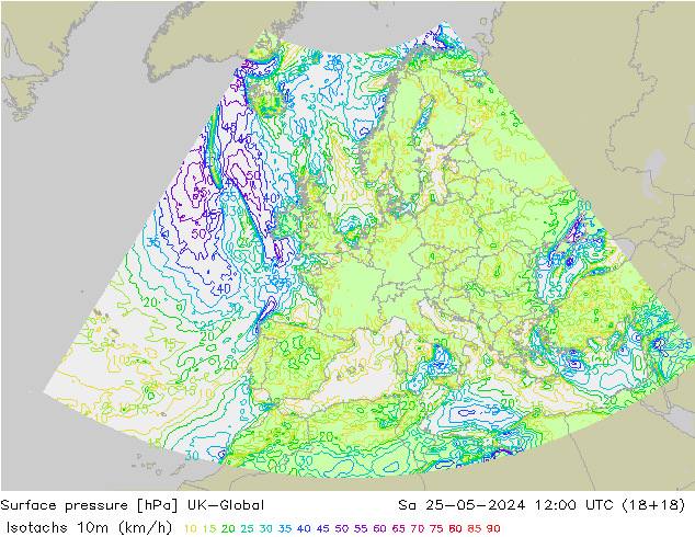 Isotachs (kph) UK-Global Sa 25.05.2024 12 UTC