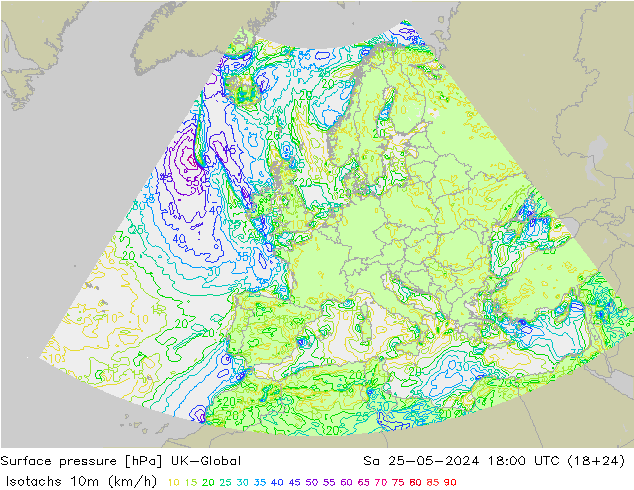 Izotacha (km/godz) UK-Global so. 25.05.2024 18 UTC