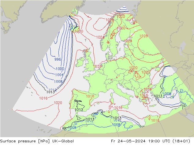 Pressione al suolo UK-Global ven 24.05.2024 19 UTC