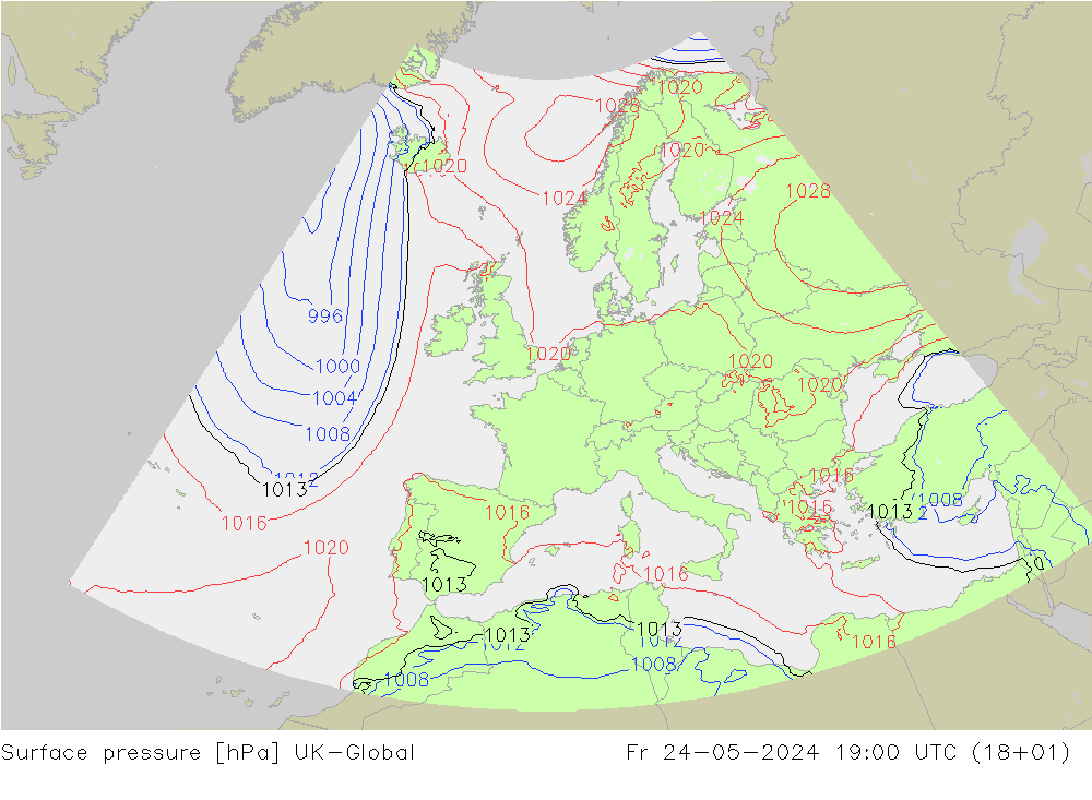 Surface pressure UK-Global Fr 24.05.2024 19 UTC