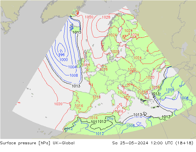 Pressione al suolo UK-Global sab 25.05.2024 12 UTC