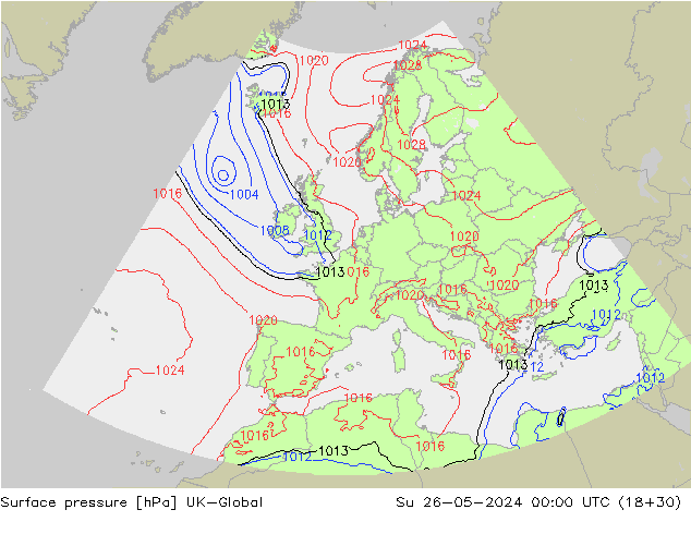 Pressione al suolo UK-Global dom 26.05.2024 00 UTC