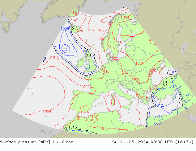 Atmosférický tlak UK-Global Ne 26.05.2024 09 UTC