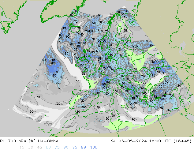 Humidité rel. 700 hPa UK-Global dim 26.05.2024 18 UTC