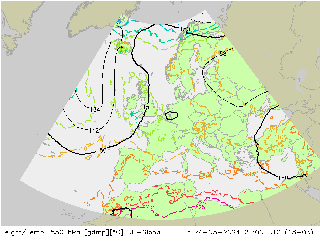 Géop./Temp. 850 hPa UK-Global ven 24.05.2024 21 UTC