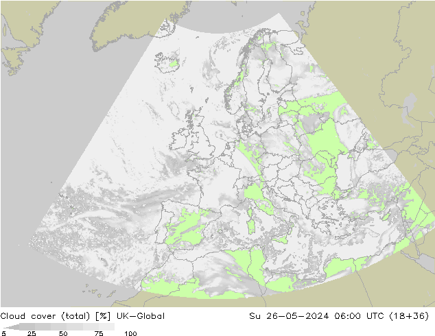 Cloud cover (total) UK-Global Su 26.05.2024 06 UTC