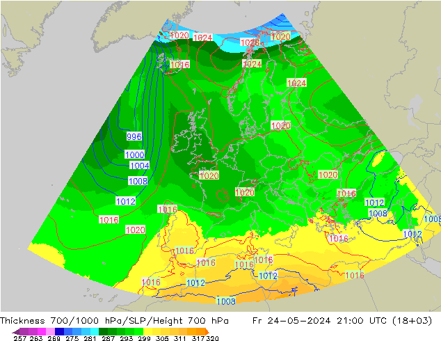 Thck 700-1000 hPa UK-Global ven 24.05.2024 21 UTC