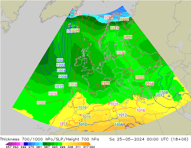Schichtdicke 700-1000 hPa UK-Global Sa 25.05.2024 00 UTC