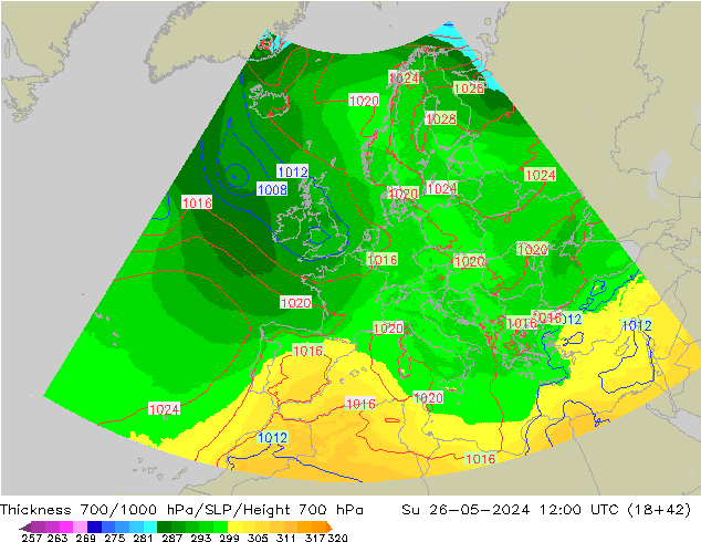 Thck 700-1000 hPa UK-Global Su 26.05.2024 12 UTC