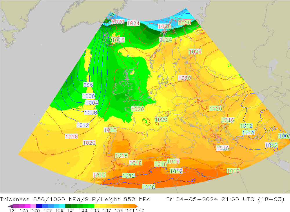 Thck 850-1000 hPa UK-Global 星期五 24.05.2024 21 UTC