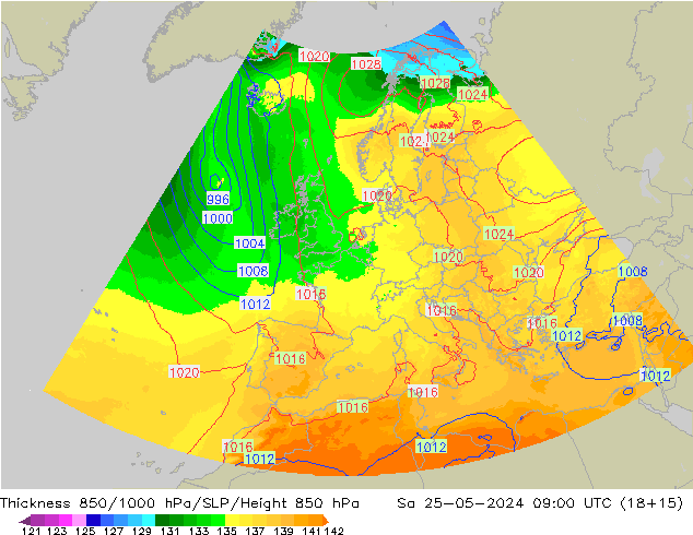 Thck 850-1000 hPa UK-Global sam 25.05.2024 09 UTC