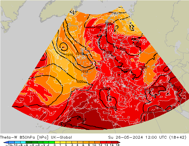 Theta-W 850hPa UK-Global zo 26.05.2024 12 UTC