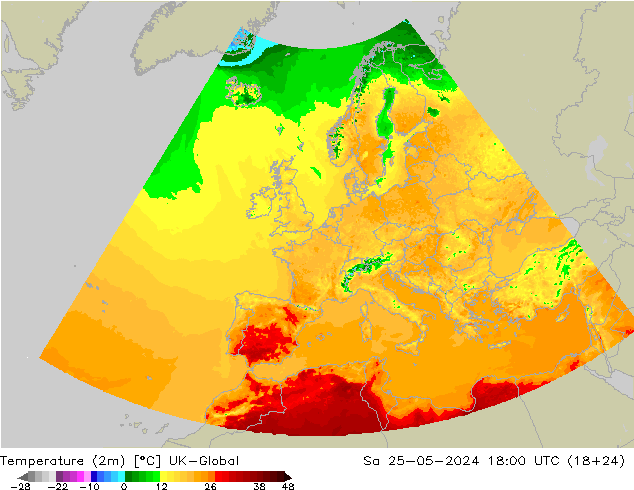 Temperatura (2m) UK-Global Sáb 25.05.2024 18 UTC