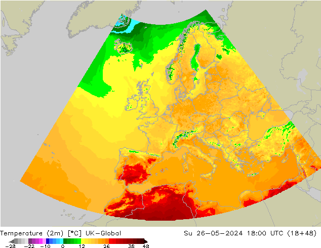 Temperature (2m) UK-Global Su 26.05.2024 18 UTC