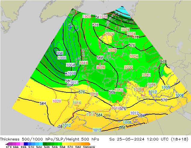 Dikte 500-1000hPa UK-Global za 25.05.2024 12 UTC