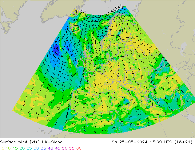 Wind 10 m UK-Global za 25.05.2024 15 UTC