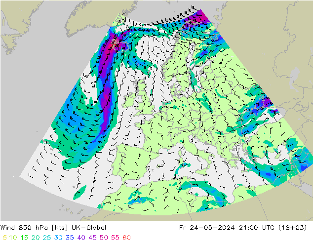 Wind 850 hPa UK-Global Fr 24.05.2024 21 UTC