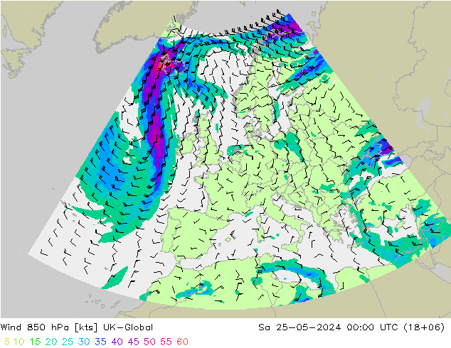 Vento 850 hPa UK-Global sab 25.05.2024 00 UTC