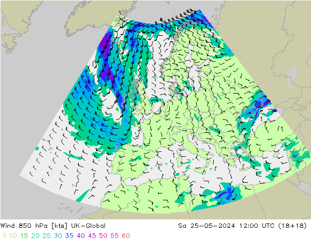 wiatr 850 hPa UK-Global so. 25.05.2024 12 UTC